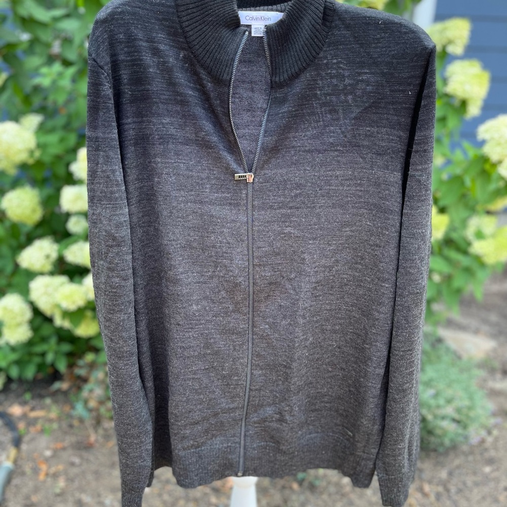 Mens charcoal gray ombré cardigan sweater with a zipper- Calvin Klein